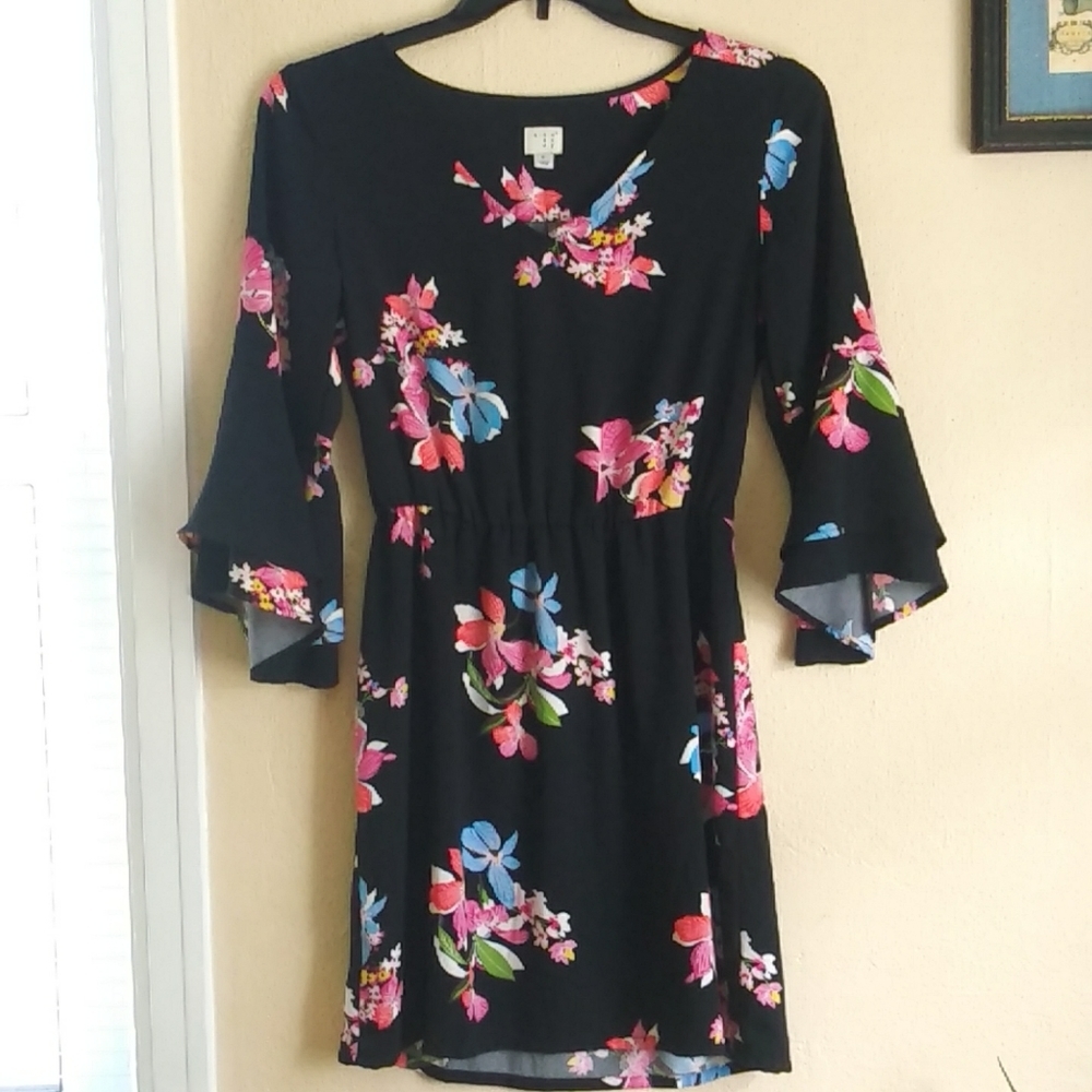 𝅺FLORAL Black Dress Floral Half Sleeve Midi Sheer Black/pink size S